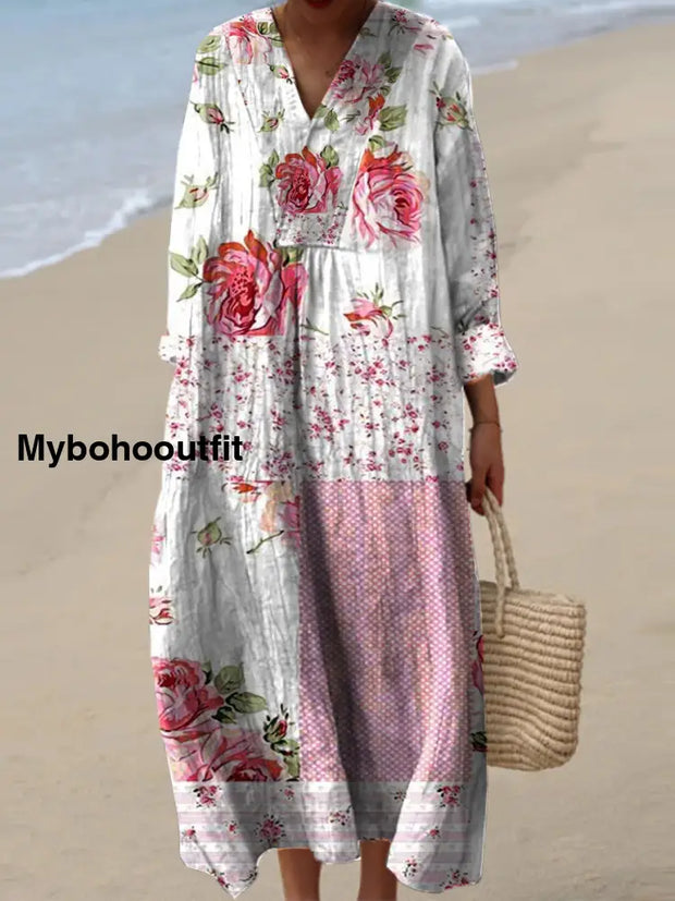 Vintage Floral Print V-Neck Elegant Chic Loose Long Sleeve Midi Dress A / S