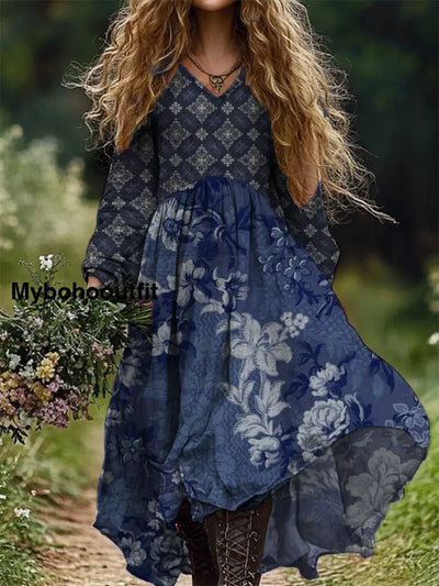 Vintage Floral Print V-Neck Elegant Chic Loose Long Sleeve Midi Dress A / S