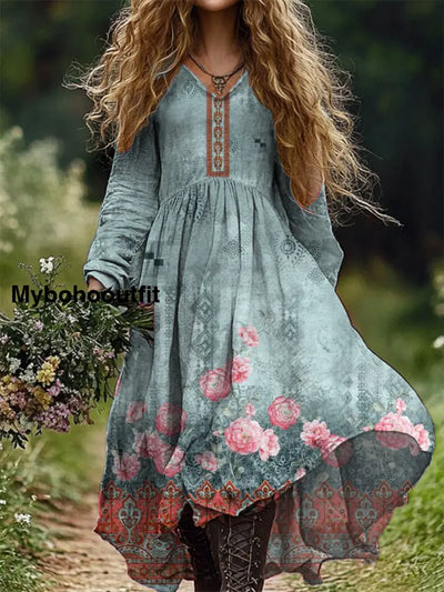 Vintage Floral Print V-Neck Elegant Chic Loose Long Sleeve Midi Dress A / S