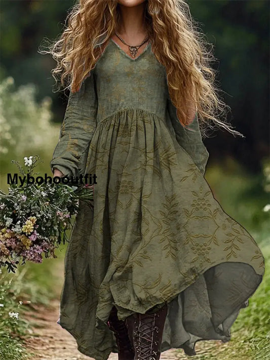 Vintage Floral Print V-Neck Elegant Chic Loose Long Sleeve Midi Dress A / S