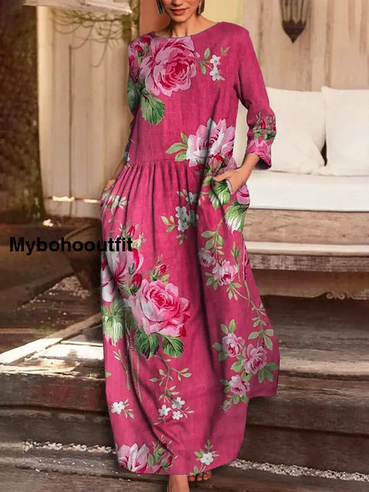 Vintage Floral Print V-Neck Elegant Chic Loose Long Sleeve Midi Dress A / S