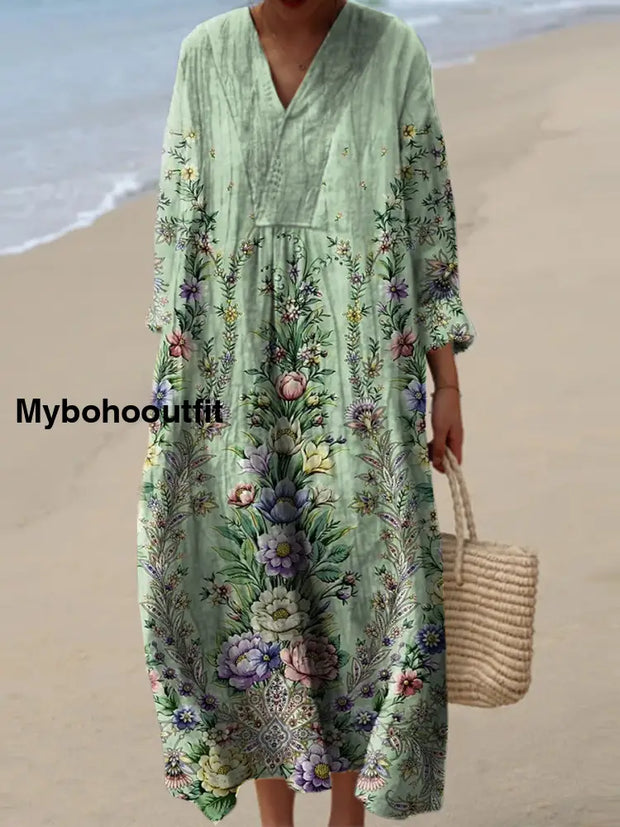 Vintage Floral Print V-Neck Elegant Chic Loose Long Sleeve Midi Dress A / S