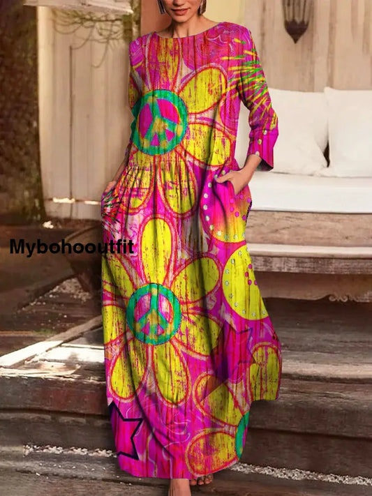 Vintage Floral Print V-Neck Elegant Chic Loose Long Sleeve Midi Dress A / S