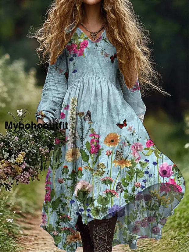 Vintage Floral Print V-Neck Elegant Chic Loose Long Sleeve Midi Dress A / S