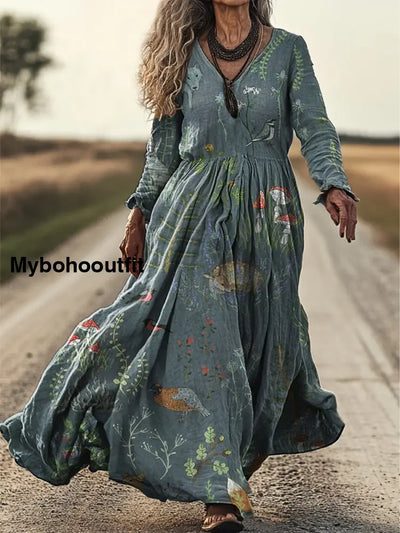 Vintage Floral Print V-Neck Elegant Chic Loose Long Sleeve Midi Dress A / S