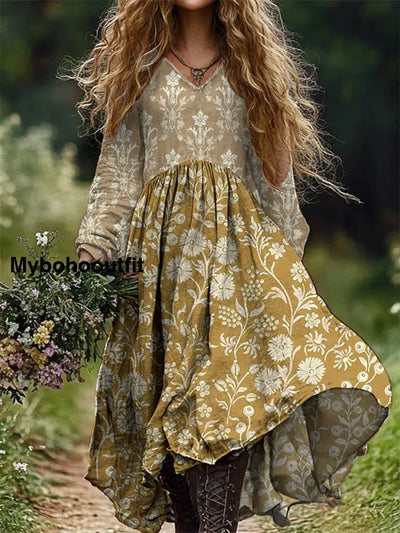 Vintage Floral Print V-Neck Elegant Chic Loose Long Sleeve Midi Dress A / S