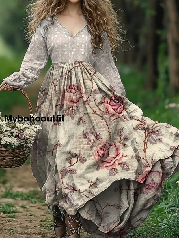 Vintage Floral Print V-Neck Elegant Chic Loose Long Sleeve Midi Dress A / S