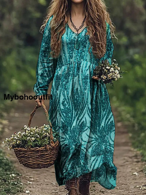 Vintage Floral Print V-Neck Elegant Chic Loose Long Sleeve Midi Dress A / S