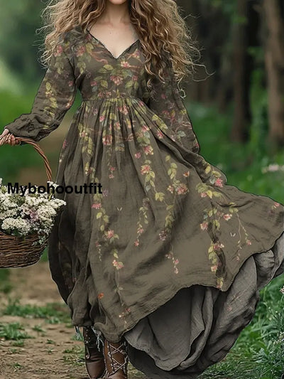 Vintage Floral Print V-Neck Elegant Chic Loose Long Sleeve Midi Dress A / S