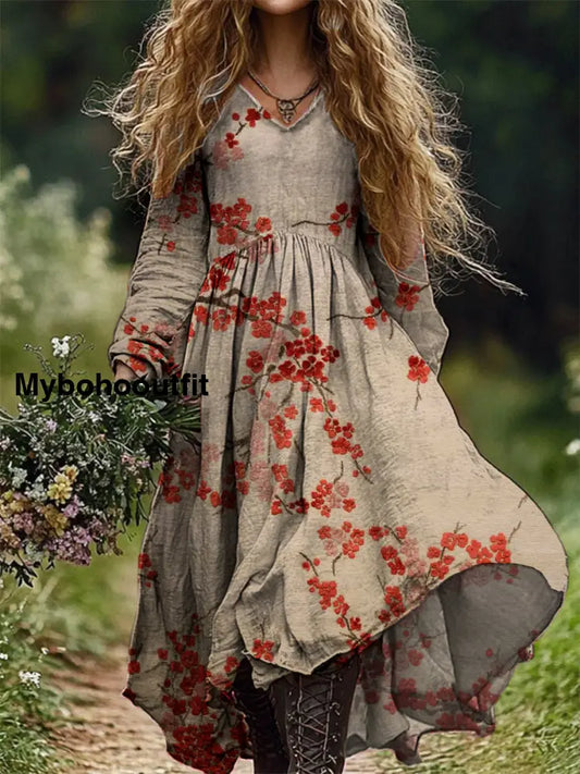 Vintage Floral Print V-Neck Elegant Chic Loose Long Sleeve Midi Dress A / S