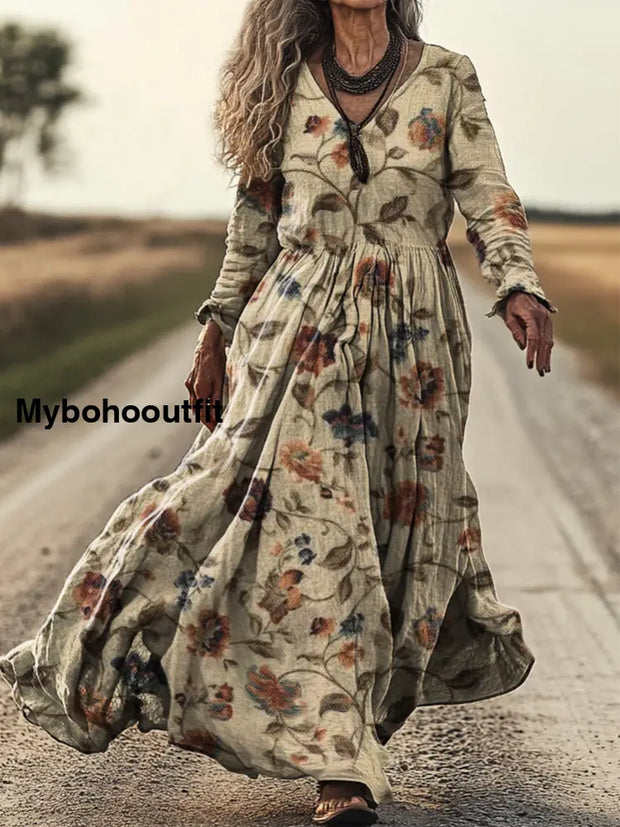 Vintage Floral Print V-Neck Elegant Chic Loose Long Sleeve Midi Dress A / S