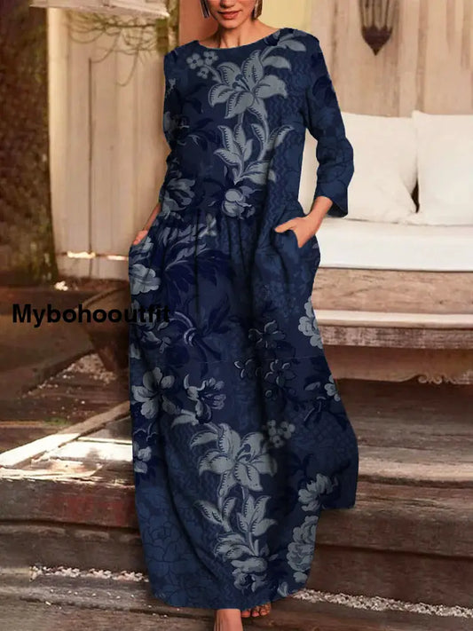 Vintage Floral Print V-Neck Elegant Chic Loose Long Sleeve Midi Dress A / S