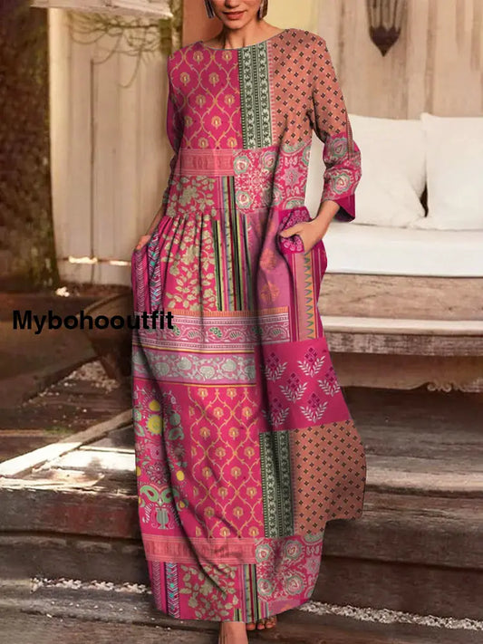 Vintage Floral Print V-Neck Elegant Chic Loose Long Sleeve Midi Dress A / S