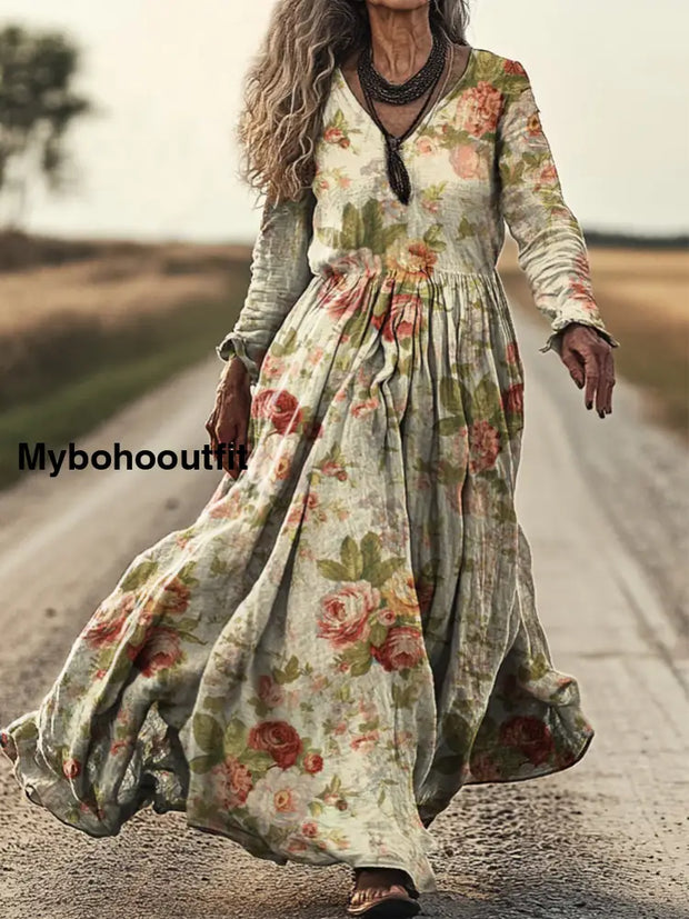 Vintage Floral Print V-Neck Elegant Chic Loose Long Sleeve Midi Dress A / S