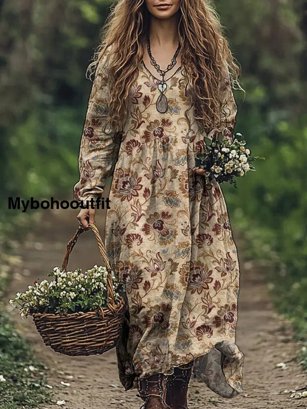 Vintage Floral Print V-Neck Elegant Chic Loose Long Sleeve Midi Dress A / S