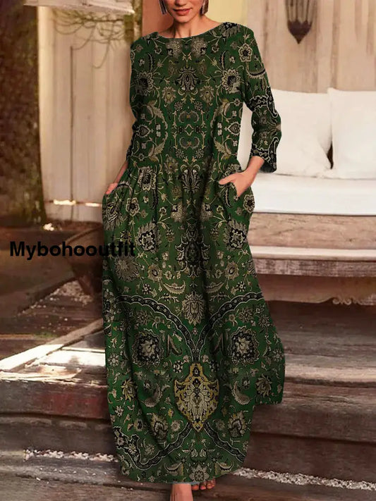 Vintage Floral Print V-Neck Elegant Chic Loose Long Sleeve Midi Dress A / S