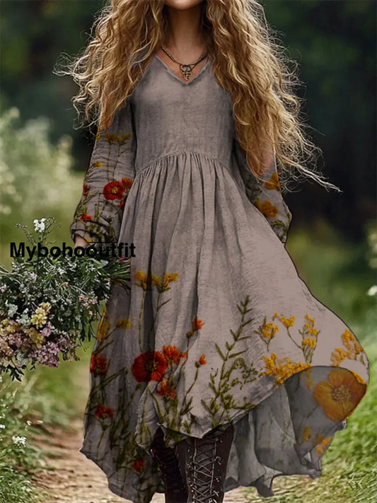 Vintage Floral Print V-Neck Elegant Chic Loose Long Sleeve Midi Dress A / S