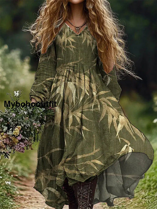 Vintage Floral Print V-Neck Elegant Chic Loose Long Sleeve Midi Dress A / S