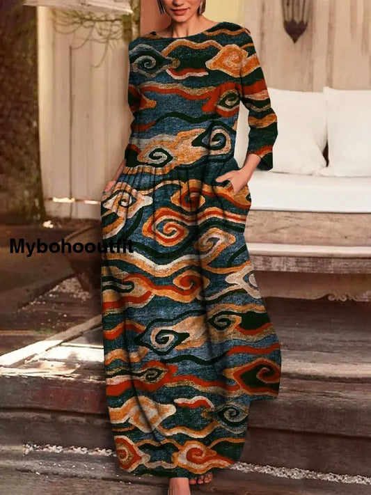 Vintage Floral Print V-Neck Elegant Chic Loose Long Sleeve Midi Dress A / S
