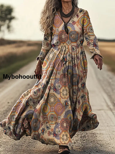 Vintage Floral Print V-Neck Elegant Chic Loose Long Sleeve Midi Dress A / S