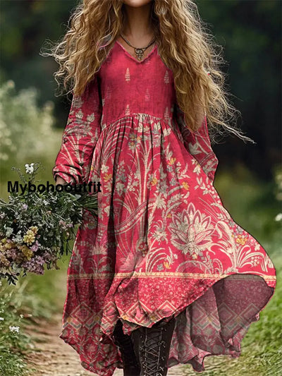 Vintage Floral Print V-Neck Elegant Chic Loose Long Sleeve Midi Dress A / S