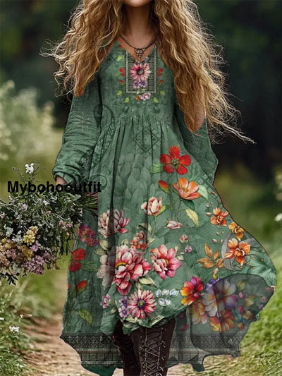 Vintage Floral Print V-Neck Elegant Chic Loose Long Sleeve Midi Dress A / S