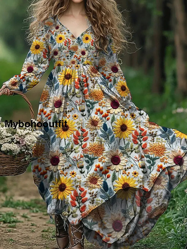 Vintage Floral Print V-Neck Elegant Chic Loose Long Sleeve Midi Dress A / S