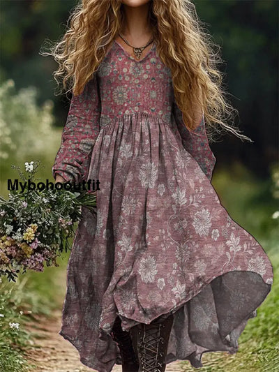 Vintage Floral Print V-Neck Elegant Chic Loose Long Sleeve Midi Dress A / S