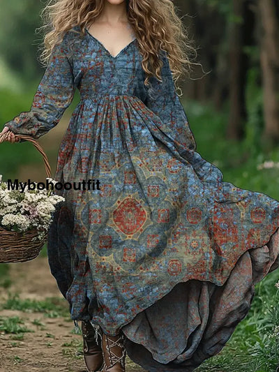 Vintage Floral Print V-Neck Elegant Chic Loose Long Sleeve Midi Dress A / S