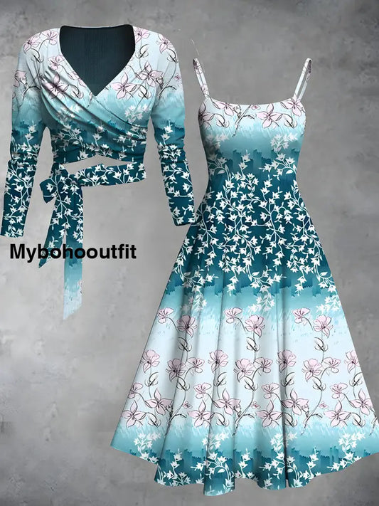 Vintage Floral Print V-Neck Elegant Chic Midi Two-Piece Long Sleeve Dress A / S