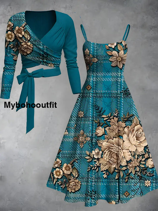 Vintage Floral Print V-Neck Elegant Chic Midi Two-Piece Long Sleeve Dress A / S