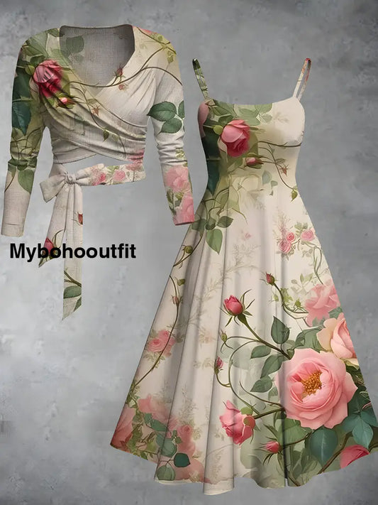 Vintage Floral Print V-Neck Elegant Chic Midi Two-Piece Long Sleeve Dress A / S