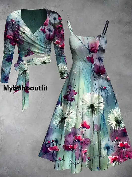 Vintage Floral Print V-Neck Elegant Chic Midi Two-Piece Long Sleeve Dress A / S