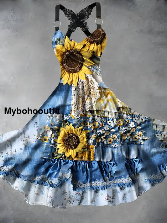 Vintage Floral Print V Neck Loose Short Sleeve Midi Dress A / S