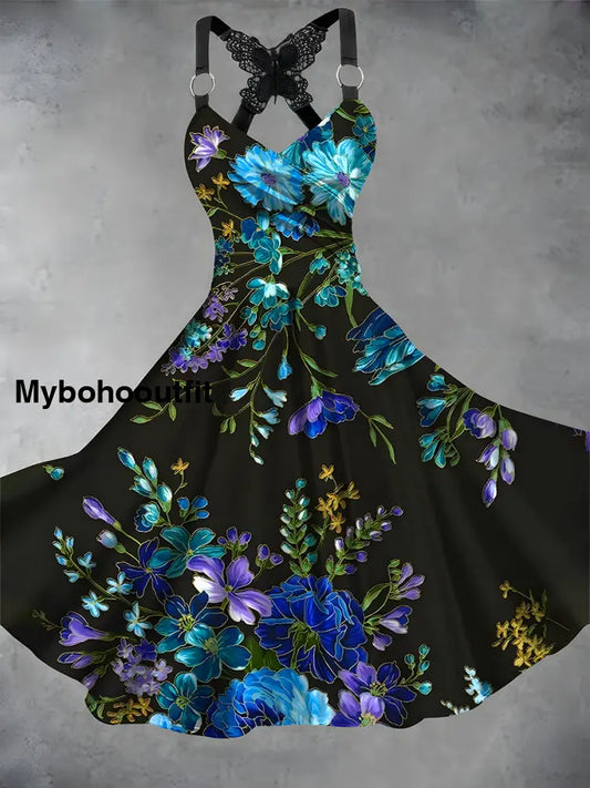 Vintage Floral Print V Neck Loose Short Sleeve Midi Dress A / S