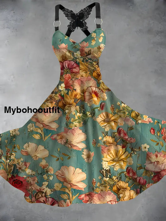 Vintage Floral Print V Neck Loose Short Sleeve Midi Dress A / S
