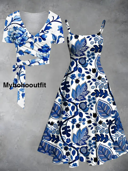 Vintage Floral Print V-Neck Short Sleeve Two-Piece Midi Dress A / S
