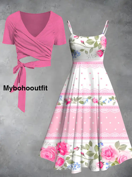 Vintage Floral Print V-Neck Short Sleeve Two-Piece Midi Dress A / S