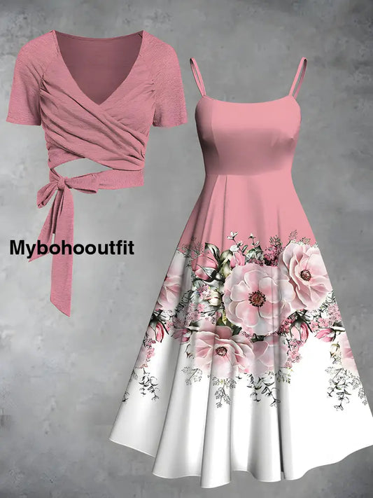 Vintage Floral Print V-Neck Short Sleeve Two-Piece Midi Dress A / S
