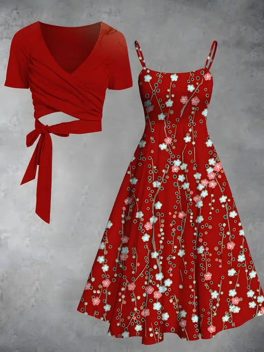 Vintage Floral Print V-Neck Short Sleeve Two-Piece Midi Dress A / S