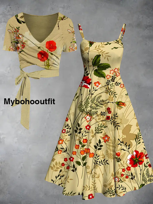 Vintage Floral Print V-Neck Short Sleeve Two-Piece Midi Dress A / S