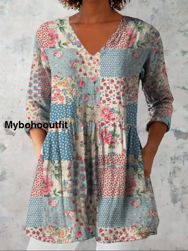 Vintage Floral Print V-Neck Three Quarter Sleeve Linen Top A / S