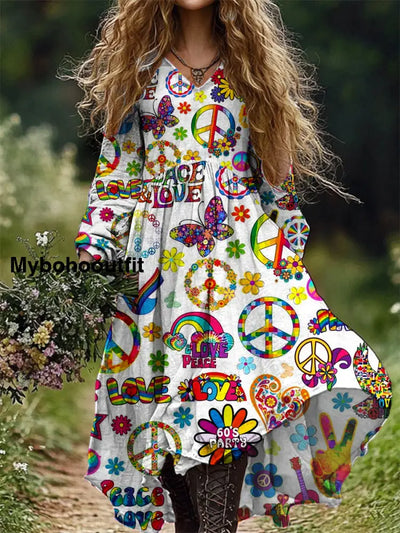 Vintage Hippie Art Print V-Neck Elegant Chic Loose Long Sleeve Midi Dress A / S