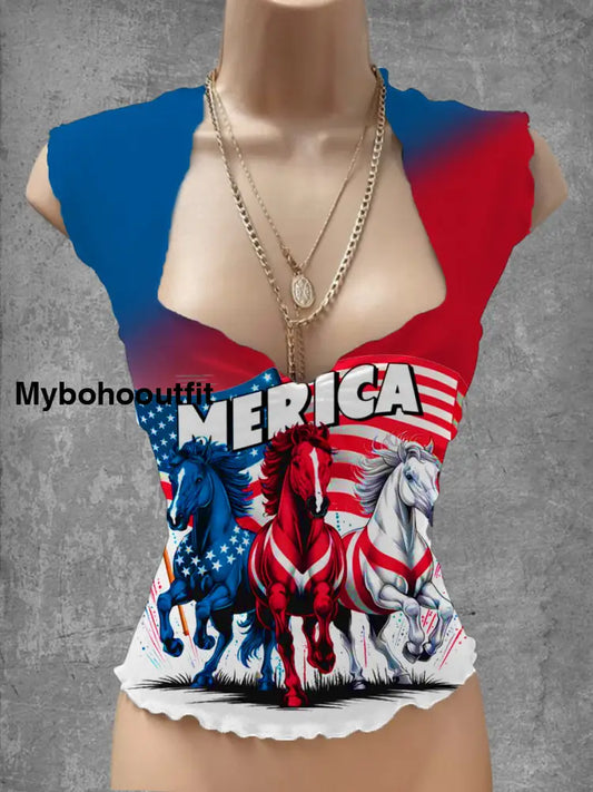 Vintage Independence Day Commemorative Art Print V-Neck Casual Top A / S