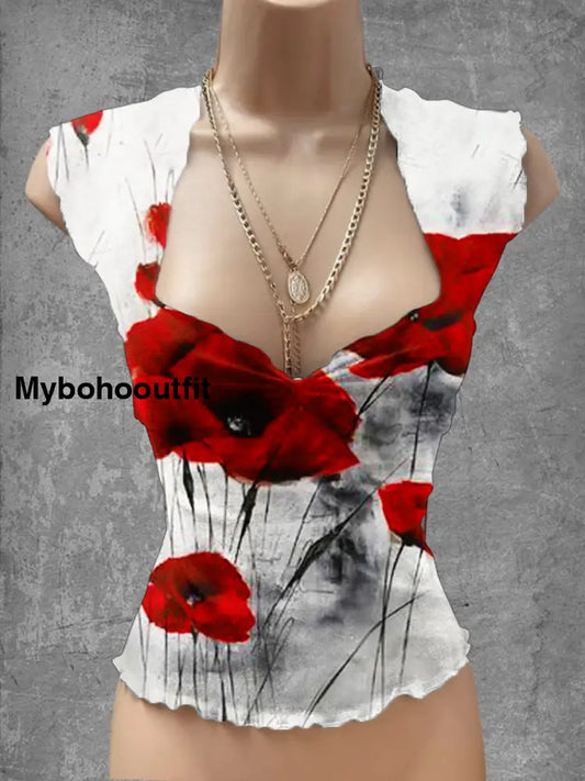 Vintage Memorial Day Poppy Art Print V-Neck Casual Top A / S