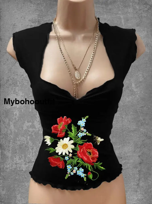 Vintage Memorial Day Poppy Art Print V-Neck Casual Top A / S