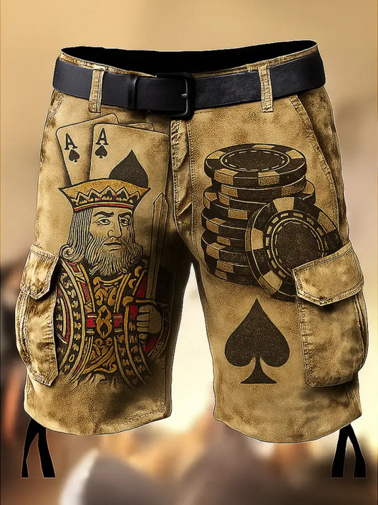 Vintage Poker Printed Retro Texture Drawstring Pocket Casual Cargo Shorts A / M