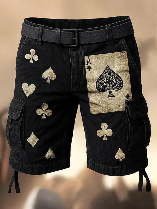 Vintage Poker Printed Retro Texture Drawstring Pocket Casual Cargo Shorts A / M