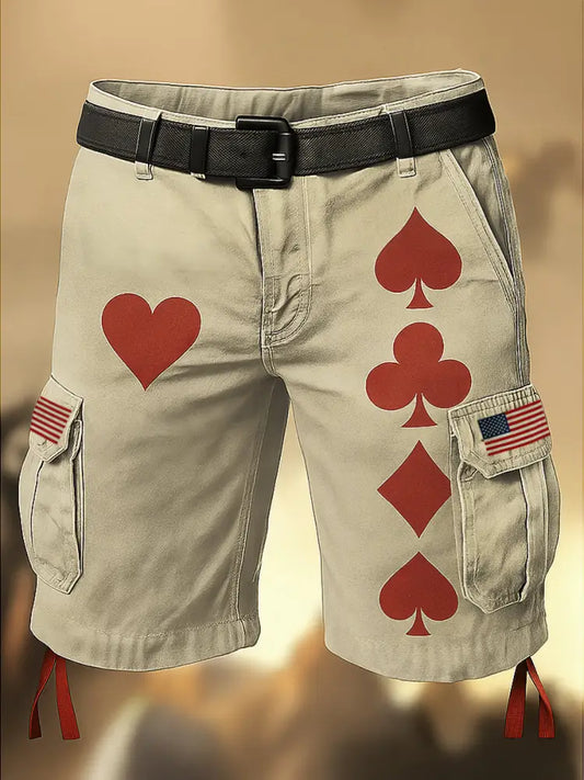 Vintage Poker Printed Retro Texture Drawstring Pocket Casual Cargo Shorts A / M