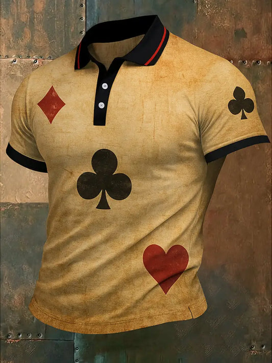 Vintage Poker Printed Waffle Texture Athletic V-Neck Short Sleeves Polo Shirt A / S